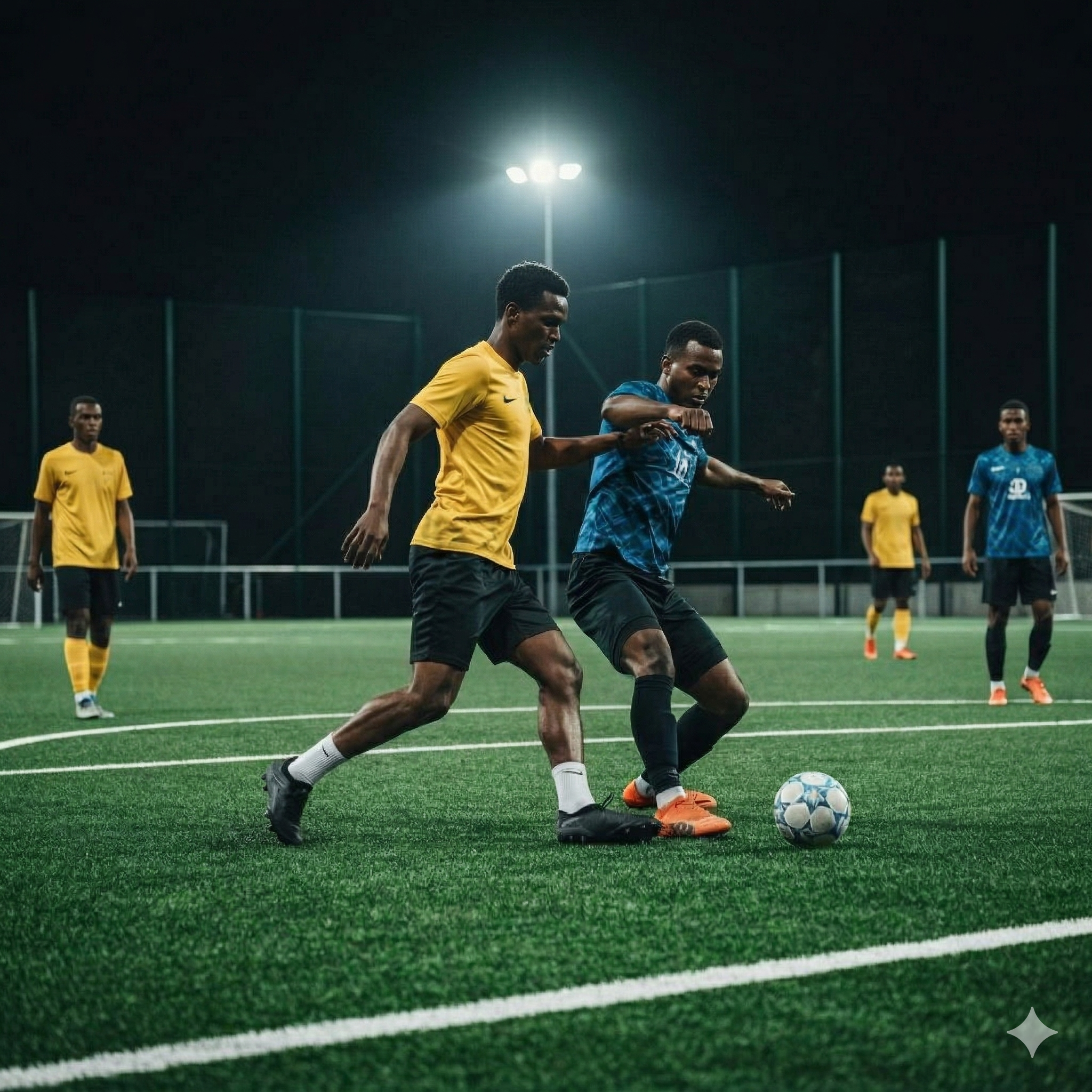 Match de football five-a-side sous les projecteurs